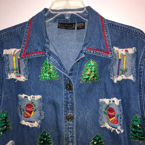 Vintage New Direction Womens Large Blue Button Up Christmas Holiday Denim Jacket - Picture 5 of 10